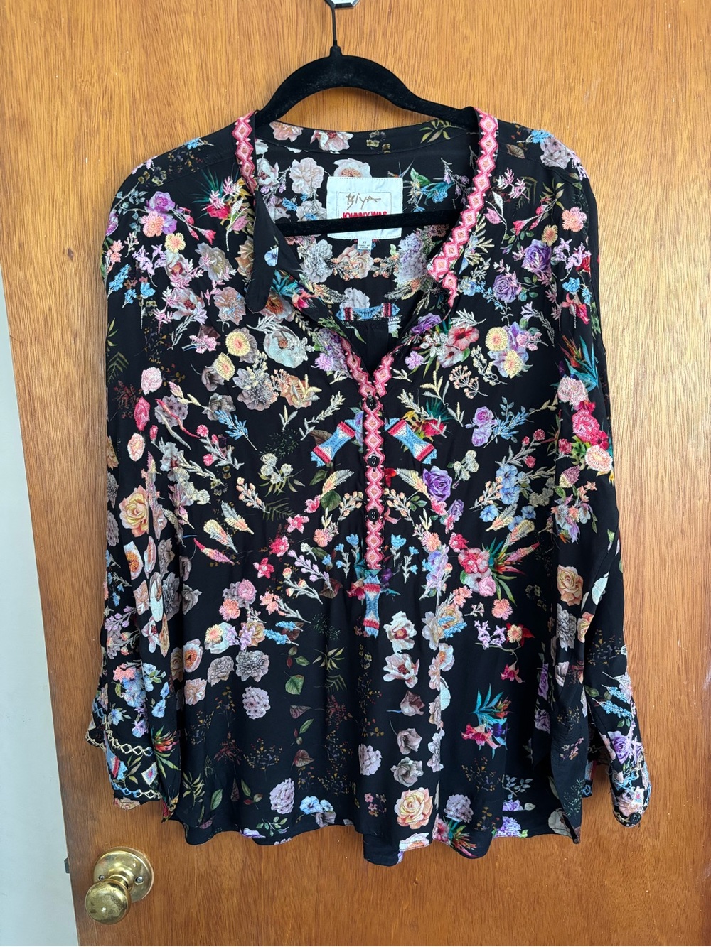 Johnny Was Black Floral V-Neck Long Sleeve Blouse with Pink Trim